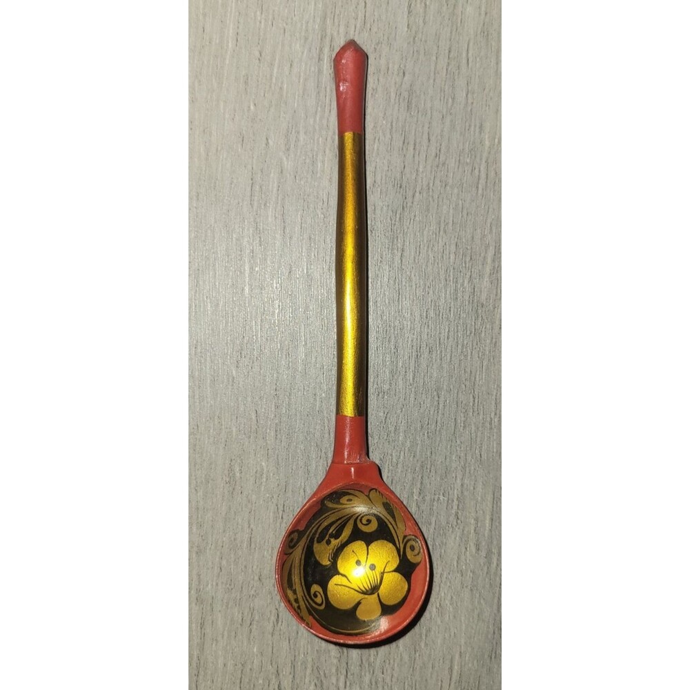 Vtg 1960s Khokhloma Russian Handmade Wooden Spoon 5.75" Folk Art Gold Red Black
